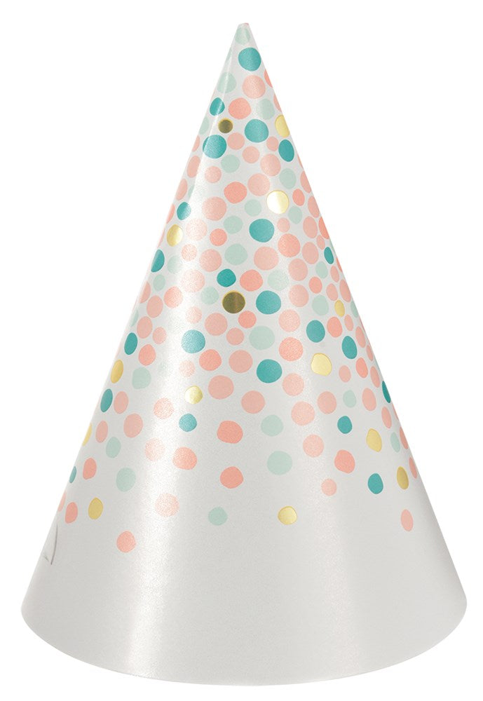 White party cone hat with multicolored pastel polka dots in blue, pink, orange, and yellow.