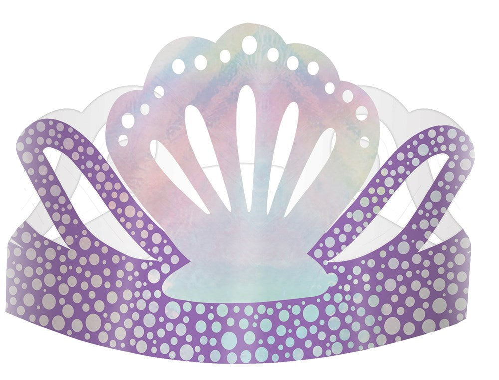 Purple and pastel foil paper crown with scalloped edges and dotted mermaid scale pattern.