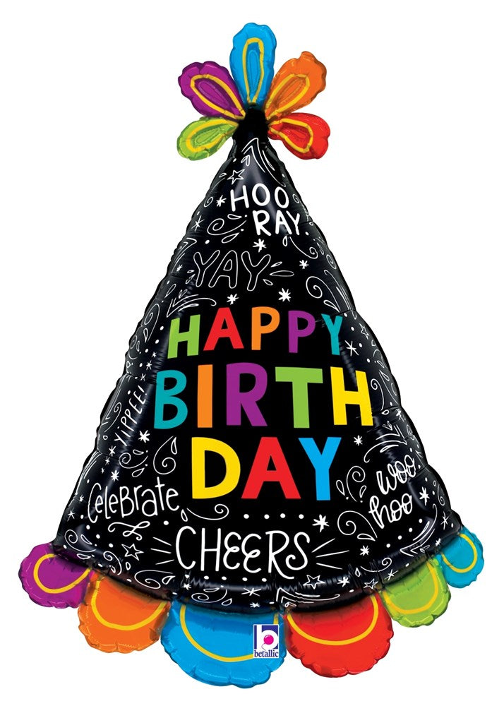 Black cone-shaped foil birthday hat balloon with colorful letters, doodles, and multicolor scalloped trim.