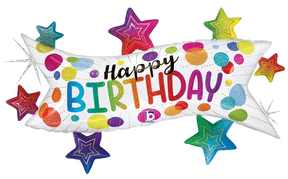 Rectangular white foil balloon with colorful polka dots, holographic stars, and "Happy Birthday" text in multicolored.