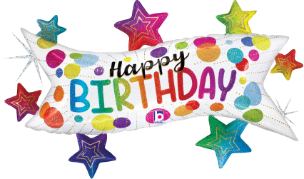 37-inch white foil balloon shaped like a banner with colorful confetti dots and "Happy Birthday" text in rainbow colors,.