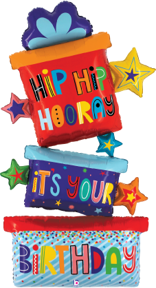 Colorful stack of foil balloons shaped like a gift box and stars with "Hip Hip Hooray It's Your Birthday" text.