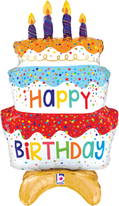 29-inch air-filled foil birthday cake balloon with three purple candles and colorful "Happy Birthday" text.