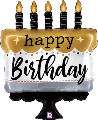 28-inch foil balloon shaped like a birthday cake with five lit candles, gold, white, and black colors, “happy Birthday” text