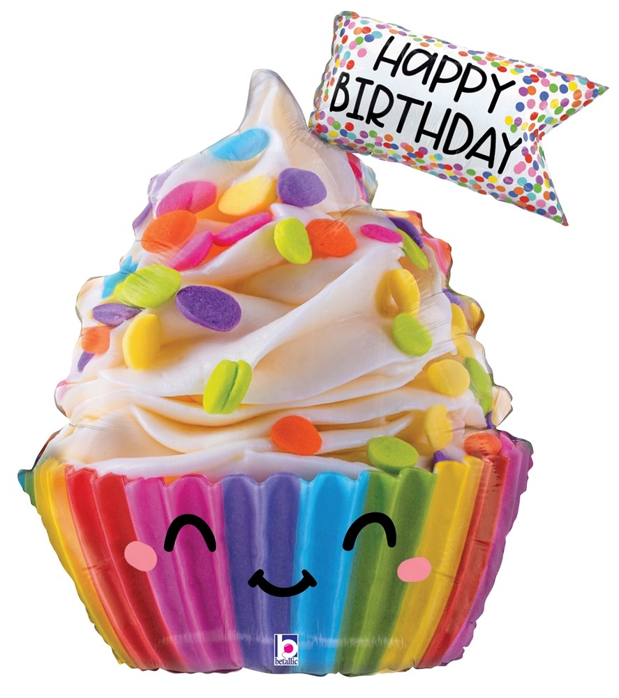 Colorful foil balloon shaped like a cupcake with multicolored sprinkles and a "Happy Birthday" flag on top.