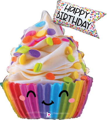 Colorful cupcake-shaped foil balloon with smiling face and "Happy Birthday" flag topper.