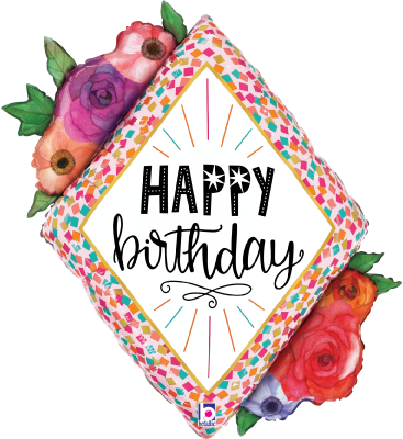 Pink confetti diamond-shaped foil balloon with "Happy Birthday" text and colorful floral accents.