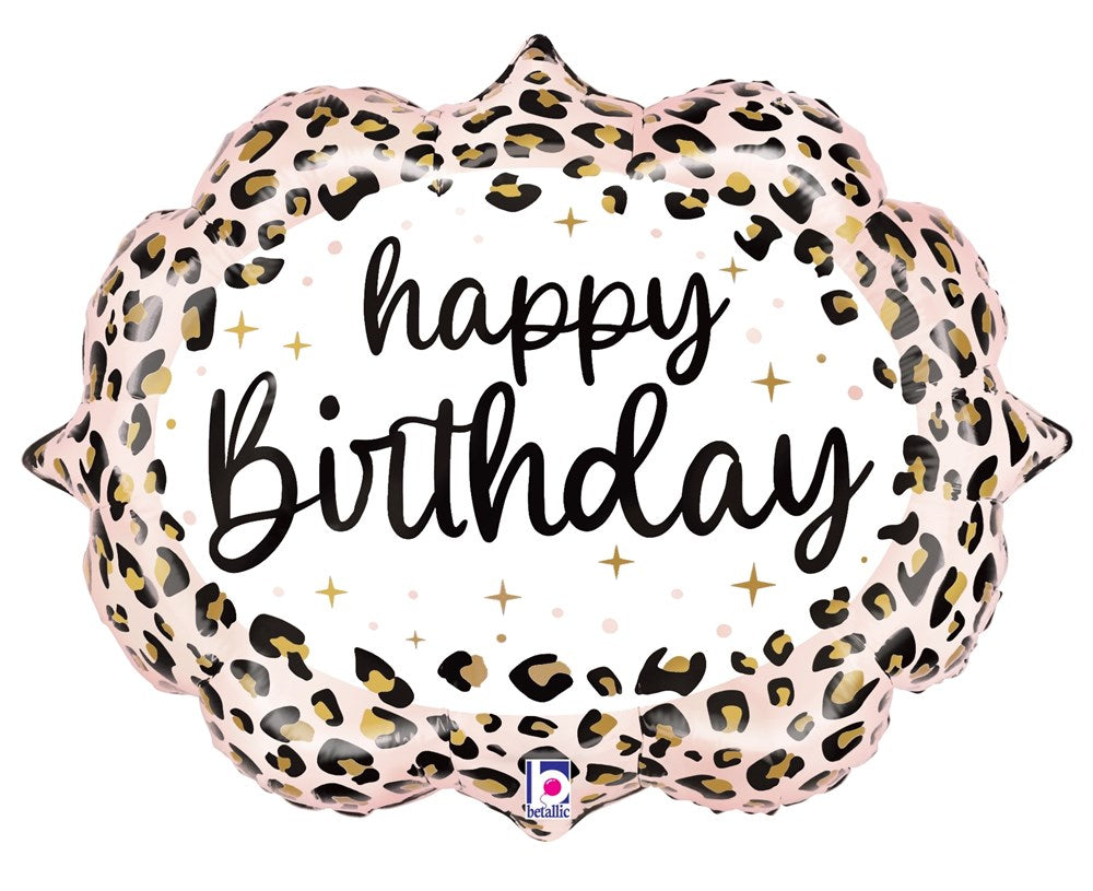 27-inch satin foil balloon shaped with leopard print border and "happy birthday" script in black letters.