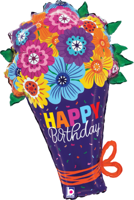 Brightly colored floral birthday bouquet foil balloon with "Happy Birthday" text on dark purple background, decorated with.