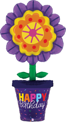 Purple and yellow flower-shaped foil balloon with green stem in a blue pot that says Happy Birthday.