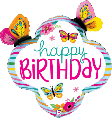 30-inch foil balloon shaped like a colorful frame with butterflies and "Happy Birthday" text in pink and teal.