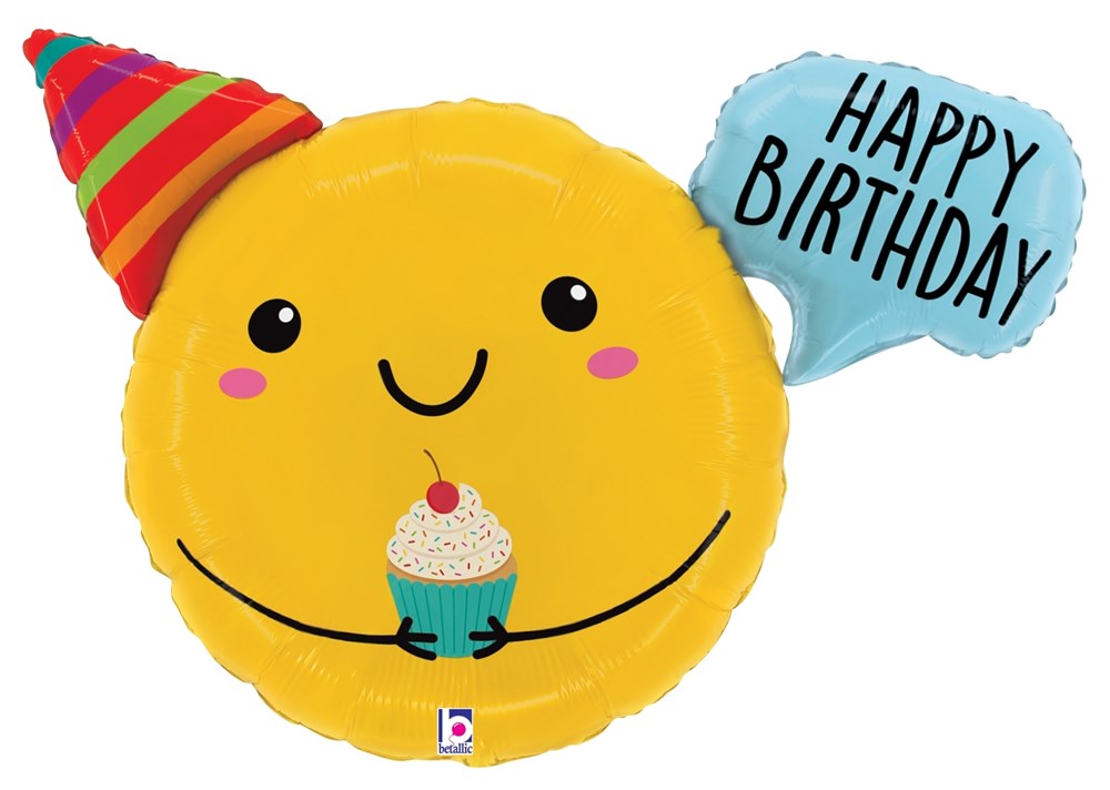 Yellow round smiley face foil balloon wearing a red and yellow striped party hat, holding a blue speech bubble that reads.