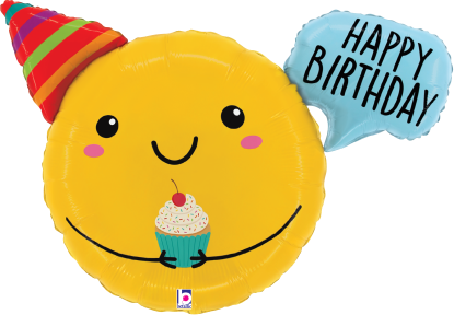 Yellow round smiley face foil balloon wearing red and green party hat holding cupcake with pink frosting, blue speech bubble