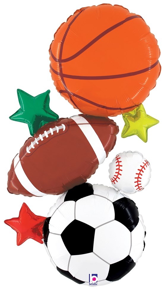37-inch foil balloon bouquet featuring large basketball, football, soccer ball, and baseball with small green, yellow, and.