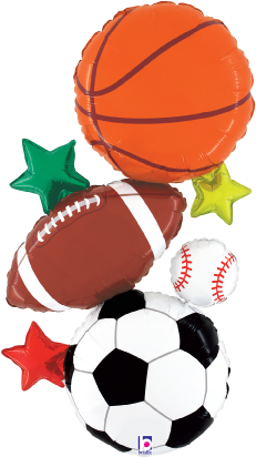 37-inch foil balloon set featuring basketball, football, soccer ball, baseballs, and colorful star shapes.