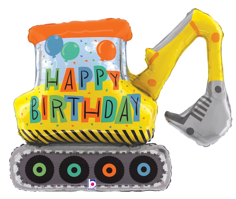Yellow and orange construction excavator-shaped foil balloon with "Happy Birthday" text and colorful balloons design.