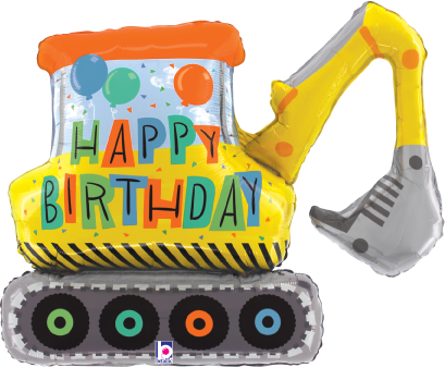 Yellow and orange foil balloon shaped like a construction excavator with "Happy Birthday" text and colorful balloons on the.