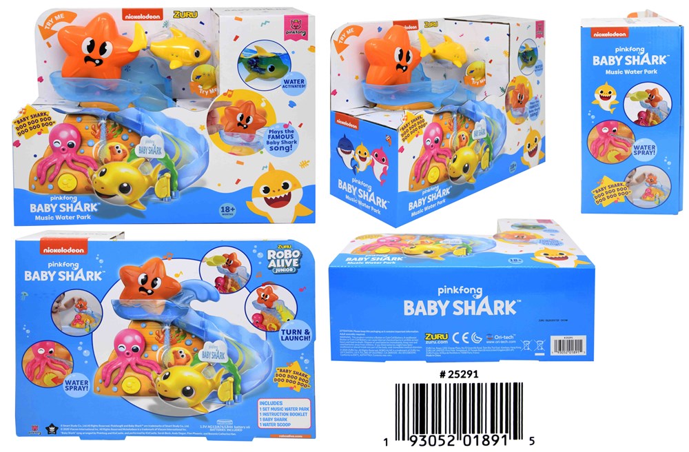 Blue and orange plastic water playset featuring robotic baby shark and sea creature toys in a transparent bath tub-shaped.