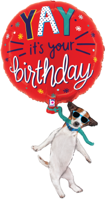 Red round foil balloon with colorful "YAY" text and "it's your birthday" script, featuring a playful dog wearing sunglasses.