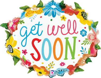 25-inch oval white foil balloon with colorful floral border and "get well soon" in multicolored playful font.