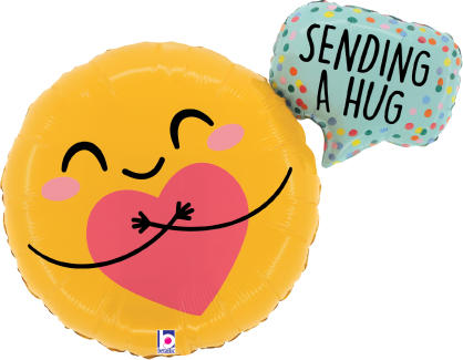 Yellow round foil balloon with a smiling face hugging a large pink heart and a blue speech bubble saying "Sending a Hug".