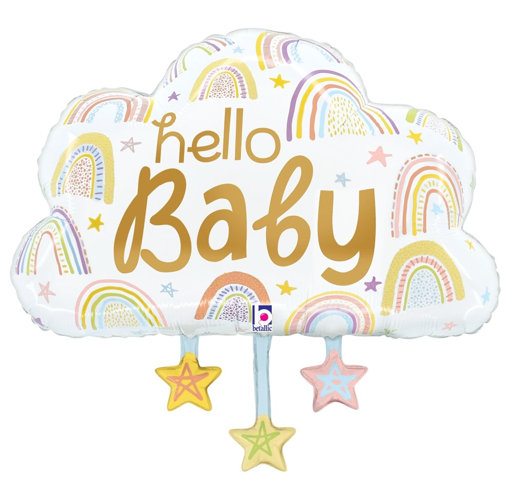 White cloud-shaped foil balloon with gold "hello Baby" text, pastel rainbows, and hanging stars.