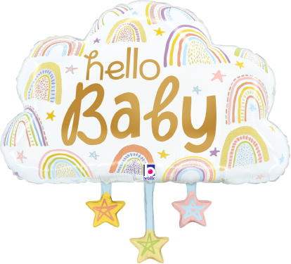White cloud-shaped foil balloon with colorful rainbows and stars, "hello Baby" text in gold, three hanging star shapes in.