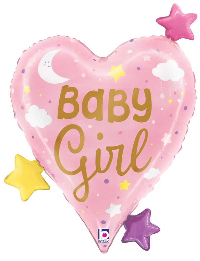 Pink heart-shaped foil balloon with "Baby Girl" in gold lettering, decorated with stars, moon, and clouds.