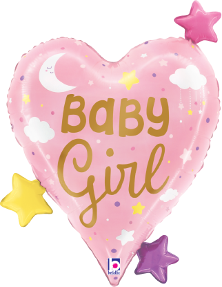 Pink heart-shaped foil balloon with gold "Baby Girl" text, decorated with stars, clouds, and moon, plus attached purple,.