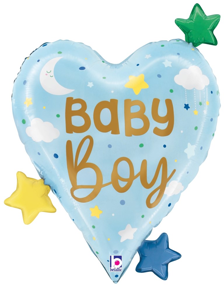 Light blue heart-shaped foil balloon with "Baby Boy" text, white clouds, stars, and attached green, yellow, and blue star.