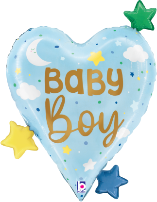 Light blue heart-shaped foil balloon with "Baby Boy" text, decorated with stars, moon, clouds, and three attached.