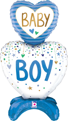 Blue and white heart-shaped foil balloon with "BABY BOY" text and colorful hearts and stars design.