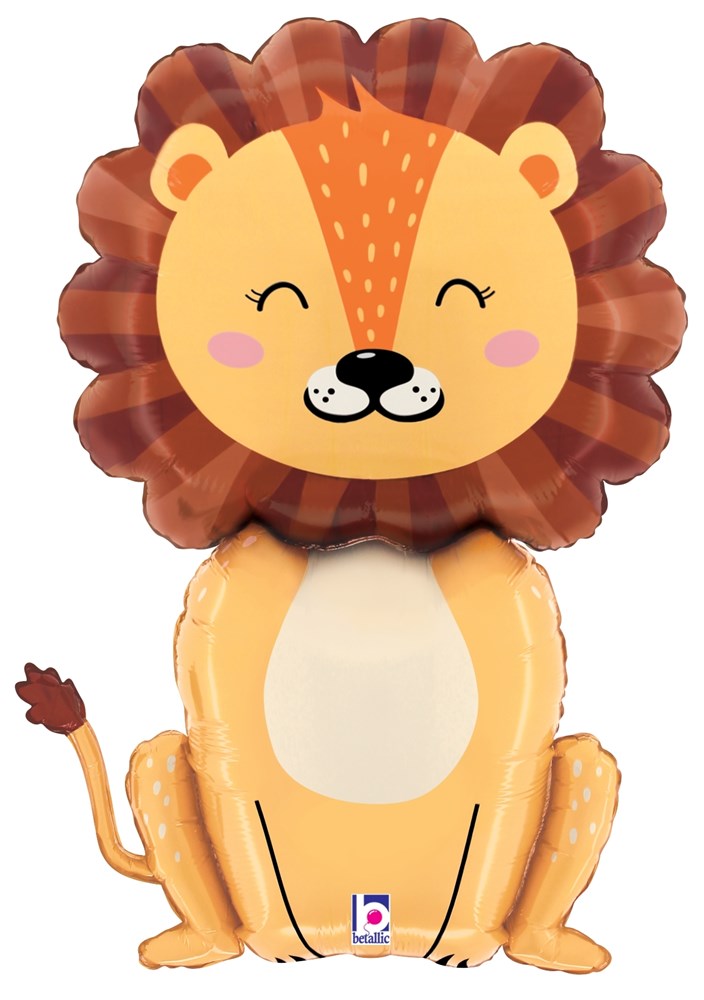 32-inch shiny foil balloon shaped like a smiling cartoon lion with an orange mane and beige body.