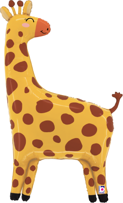 Yellow and brown spotted giraffe-shaped foil balloon, 41 inches tall, with long neck and small tail.