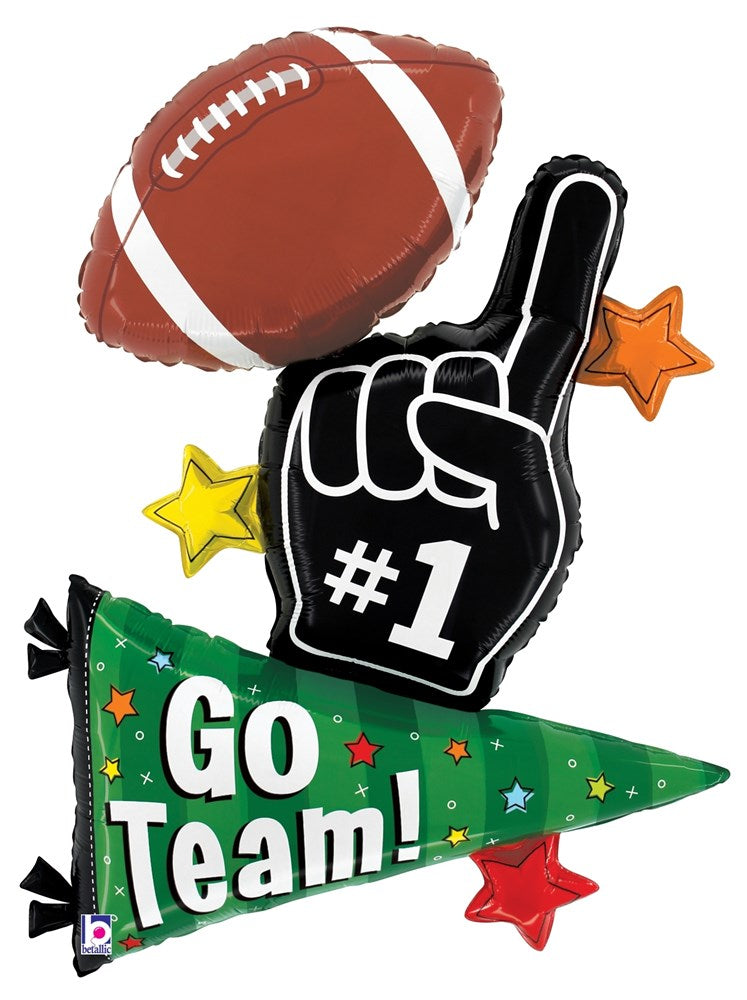 Brown football, black foam finger with "#1", and green pennant reading "Go Team!" with stars.