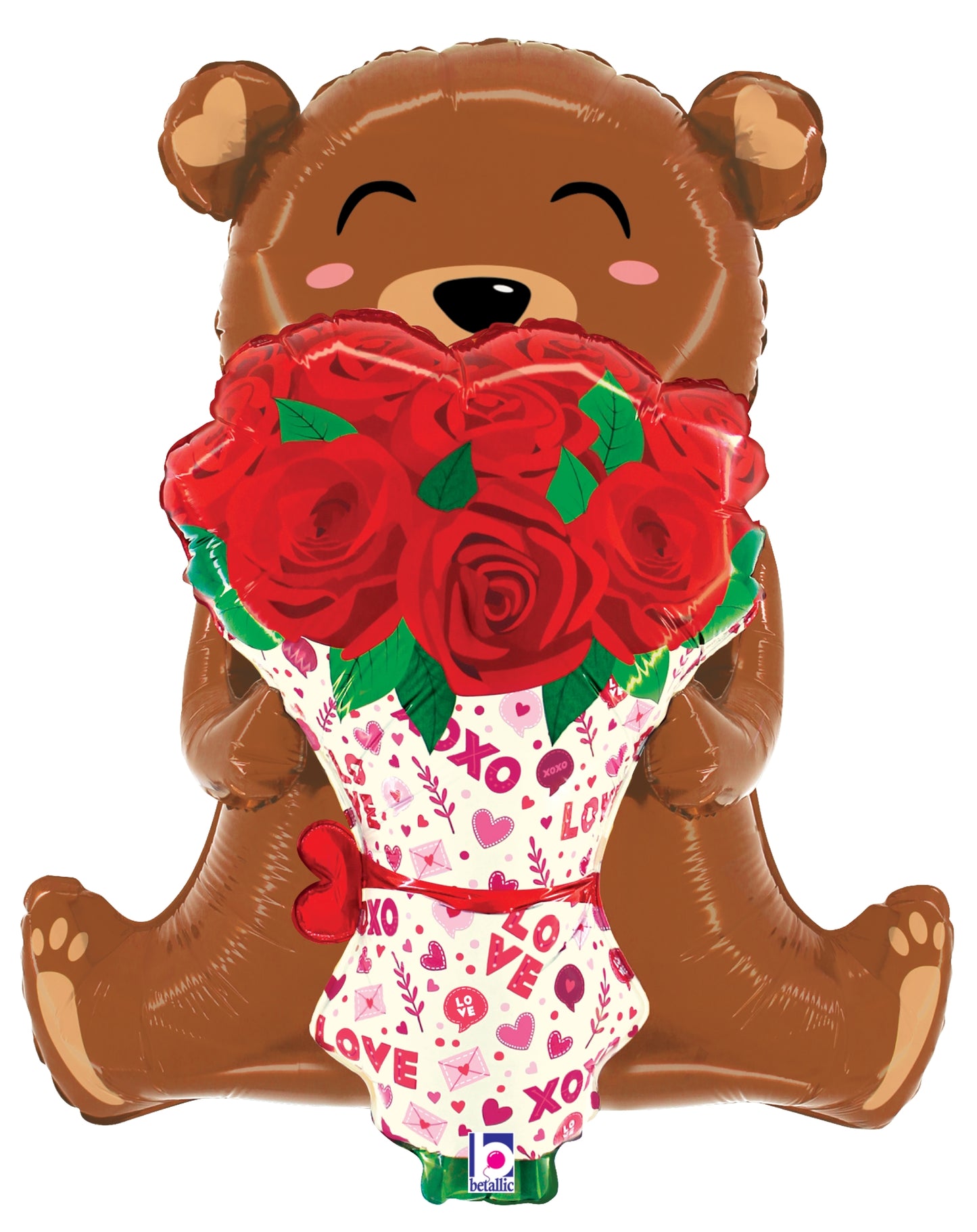 Brown bear-shaped foil balloon holding a bouquet of red roses wrapped in white paper with red "love" text, 25 inches tall.