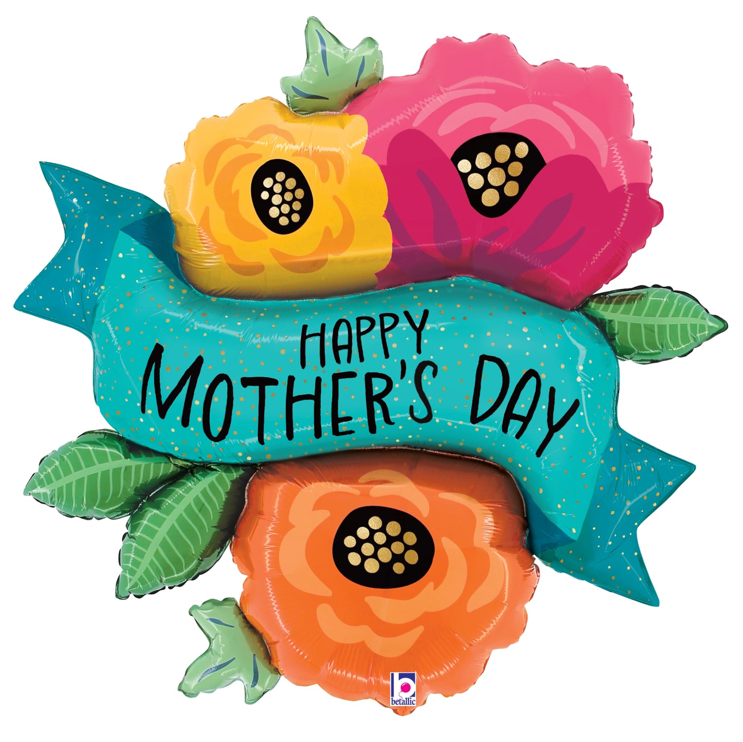 Colorful foil banner shaped like bright pink, orange, and yellow flowers with green leaves and a blue ribbon reading Happy.