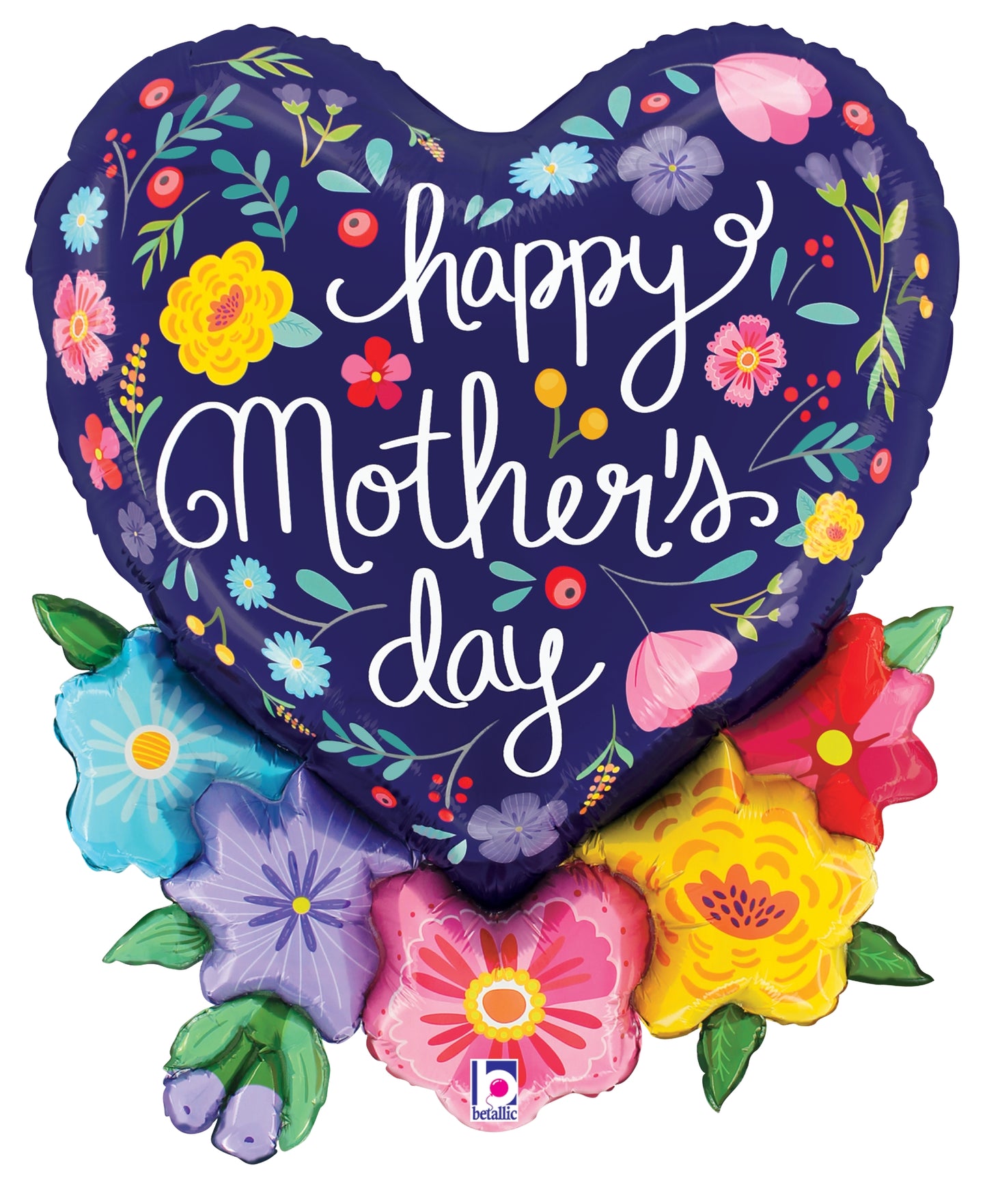Heart-shaped foil balloon in dark blue with colorful folk floral designs and "Happy Mother's Day" in white script.