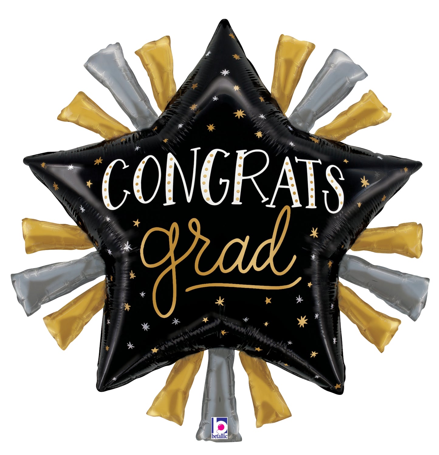 Black star-shaped foil balloon with "Congrats grad" text in white and gold, surrounded by gold and silver tassels.