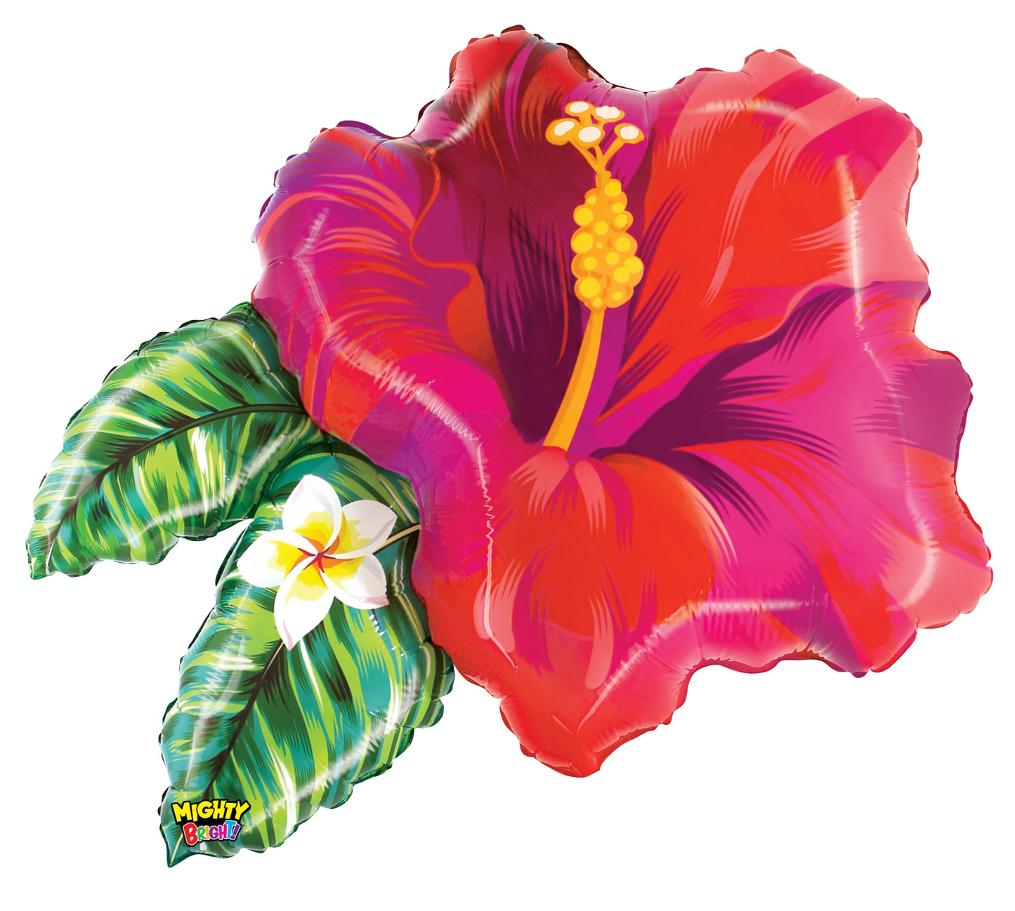 Red tropical hibiscus foil balloon with green leaves and a small white plumeria flower, 30 inches.