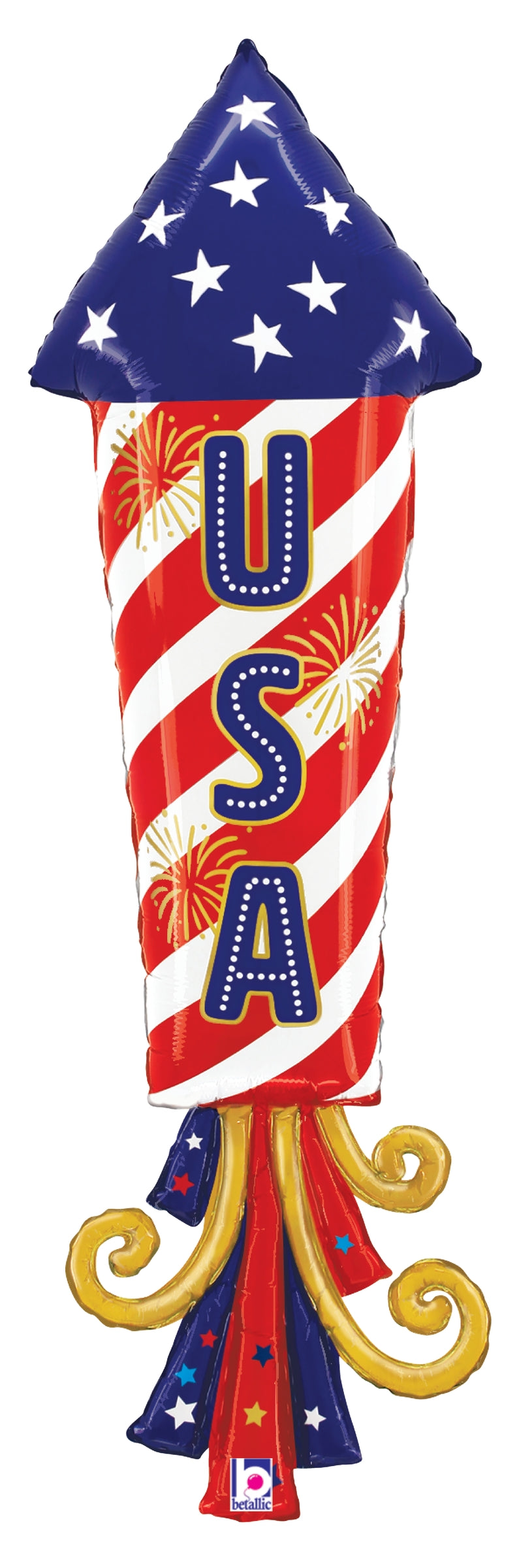 Red, white, and blue foil rocket balloon with stars, stripes, and "USA" lettering.