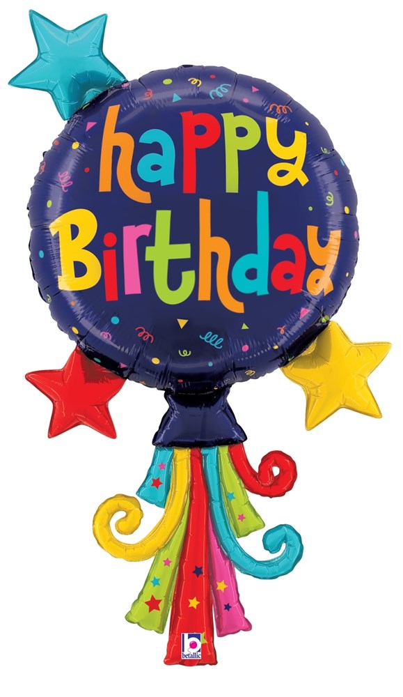 Round purple foil balloon with multicolored "Happy Birthday" text and red, yellow, blue stars attached to colorful streamer.