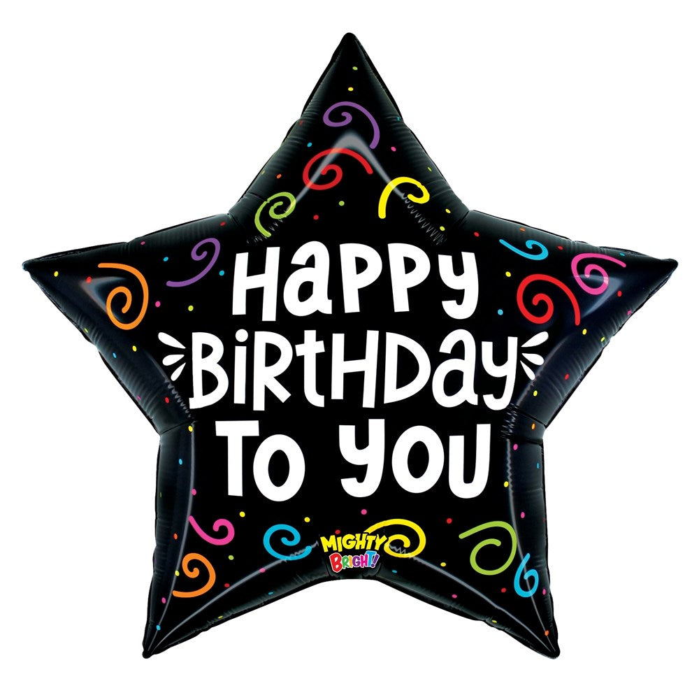 Black star-shaped foil balloon with colorful swirls and white "Happy Birthday To You" text.