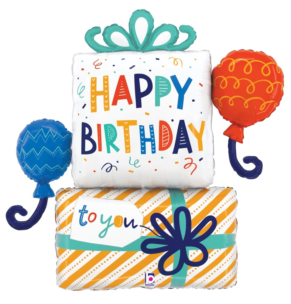 35-inch foil birthday balloon set with two gift boxes and two round balloons in bright colors.