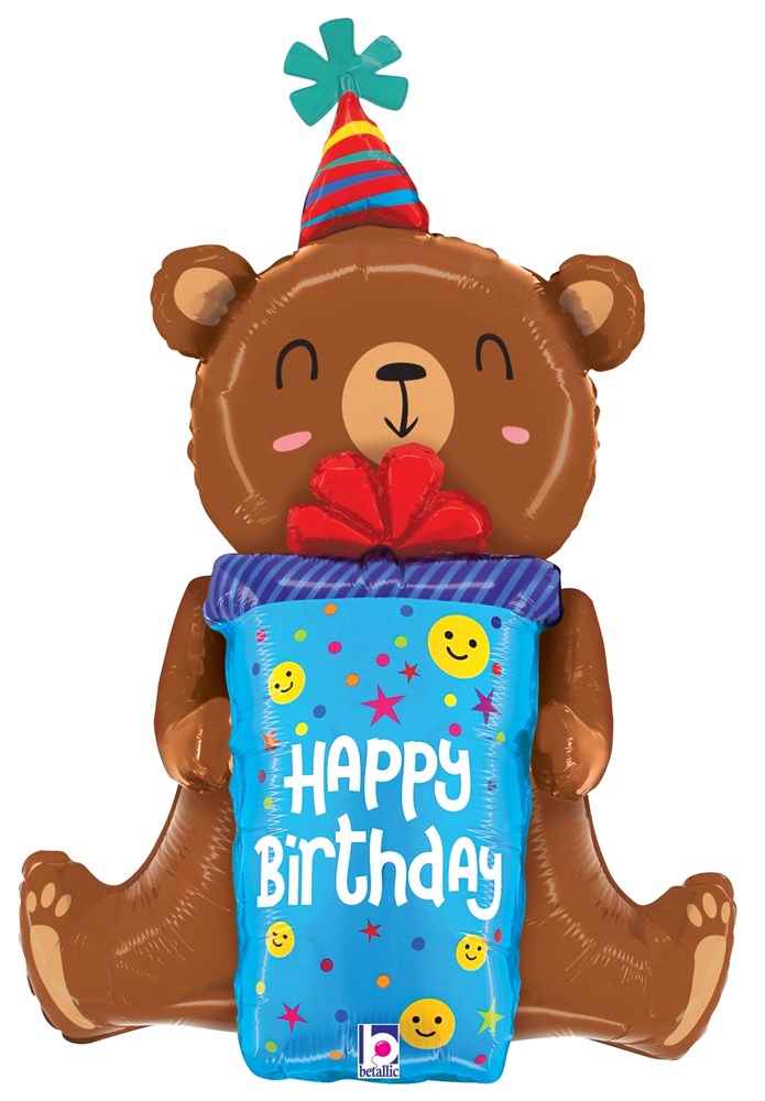 34-inch brown foil bear balloon wearing a red and blue party hat, holding a blue gift with Happy Birthday text and smiley.