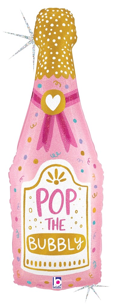 37-inch holographic champagne bottle balloon with gold glitter top and pink label reading "Pop the Bubbly".