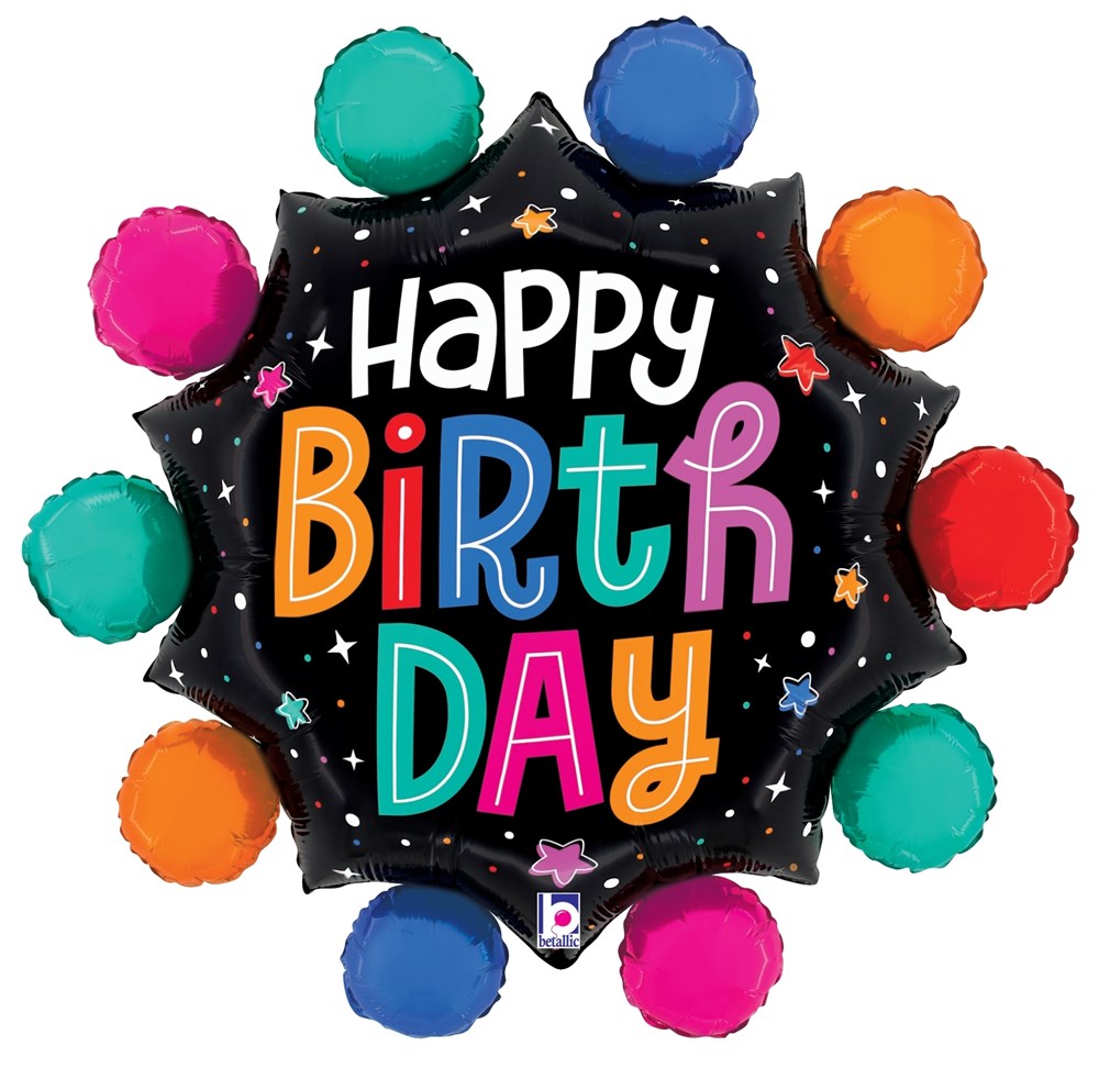 Black star-shaped foil balloon with colorful circles around edges and "Happy Birthday" in bright playful letters.
