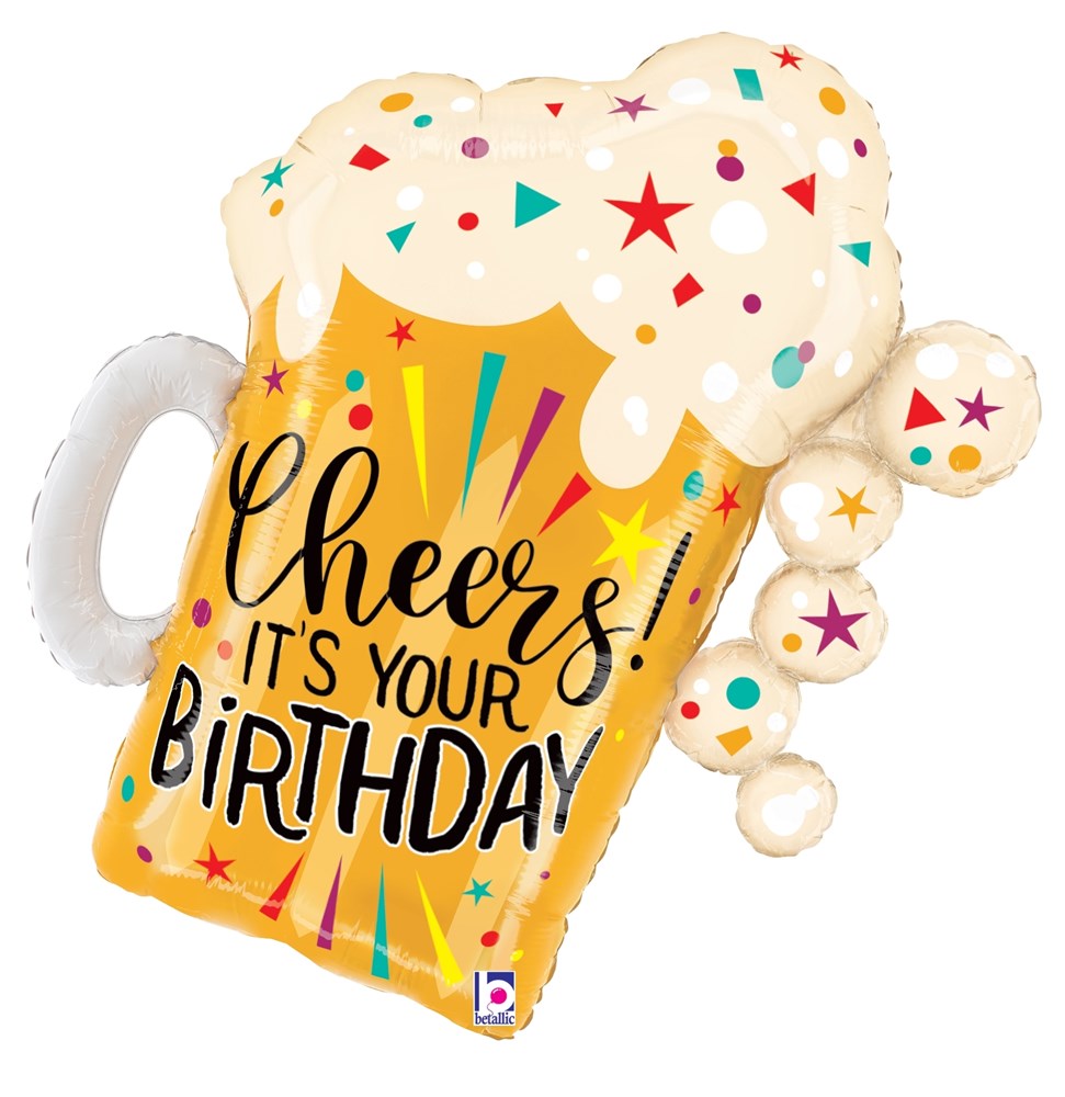 27-inch foil balloon shaped like a frothy beer mug with colorful confetti and "Cheers! It's Your Birthday" text.