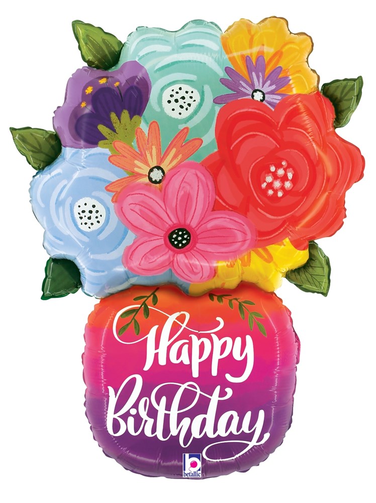 Colorful foil balloon shaped like a bouquet of bright flowers with "Happy Birthday" text on a gradient pink to purple base.