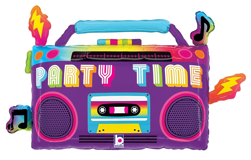 Colorful 28-inch foil balloon shaped like a retro boom box with "Party Time" text, music notes, and lightning bolts.